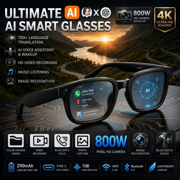 AI Smart Glasses with 8MP 4K Camera